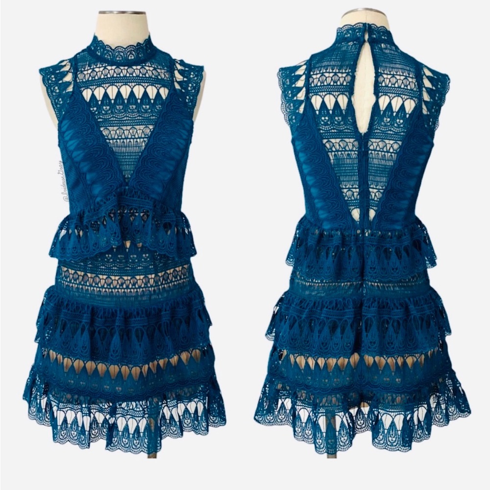 Self-Portrait Teardrop Guipure Tiered Lace Turquoise Teal BOHO Embroidery Dress - Picture 6 of 16